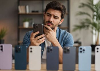 Contemplating phone choices in a cozy space