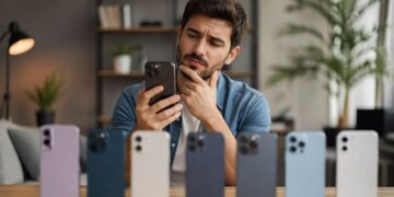 Contemplating phone choices in a cozy space