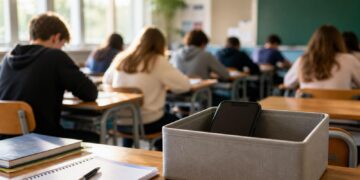 Classroom study session in focus banned smartphones